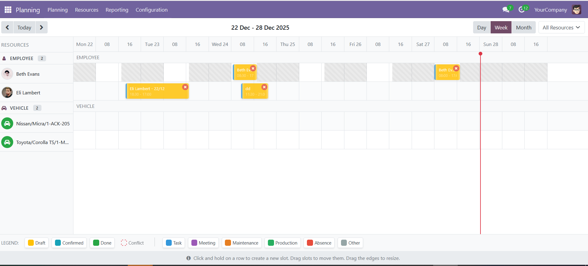 Odoo resource planning timeline with employees and vehicles, drag-and-drop slots over a week view