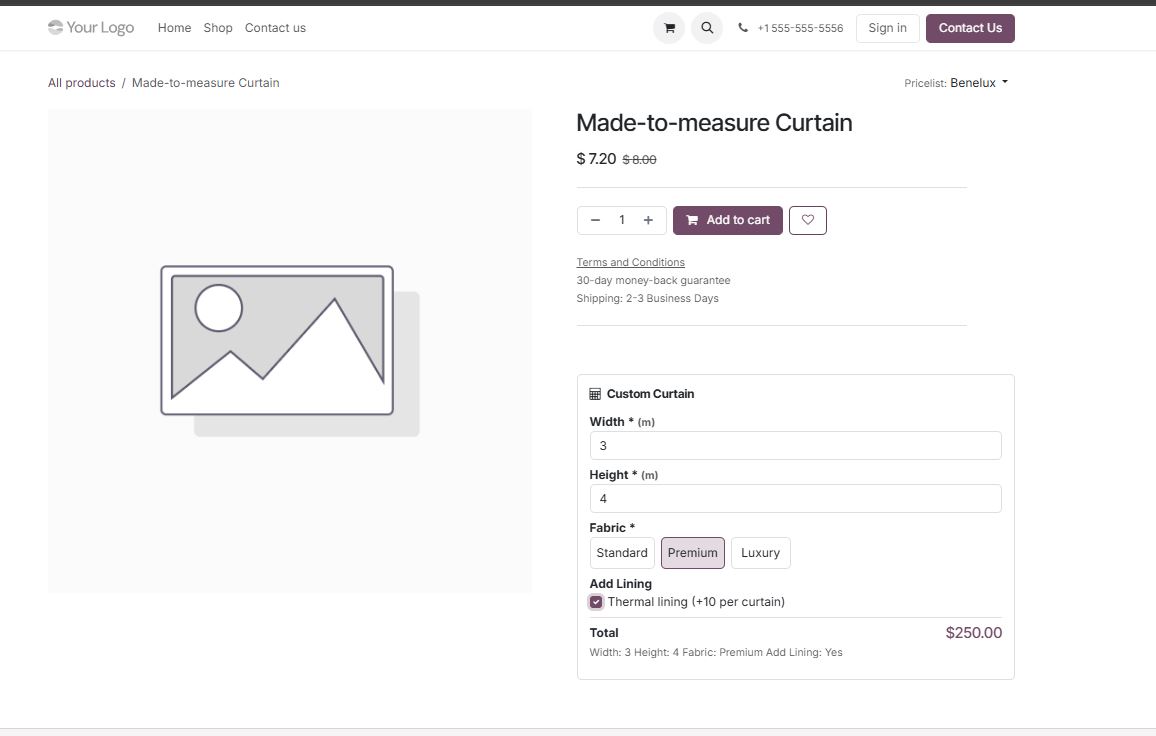 Live price calculator on an Odoo eCommerce product page with width, height and fabric options