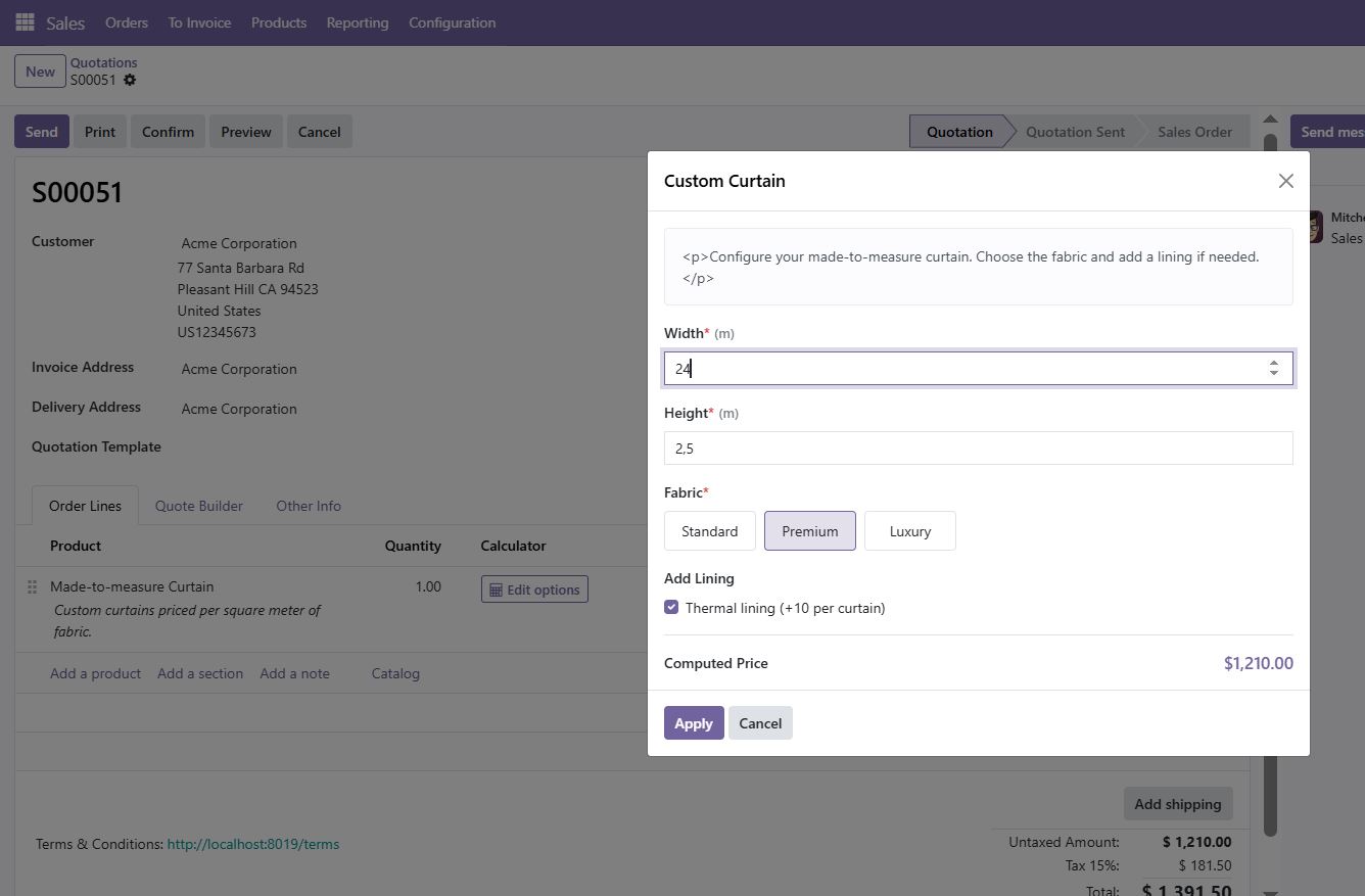 Price calculator dialog on an Odoo quotation line computing a made-to-measure curtain price